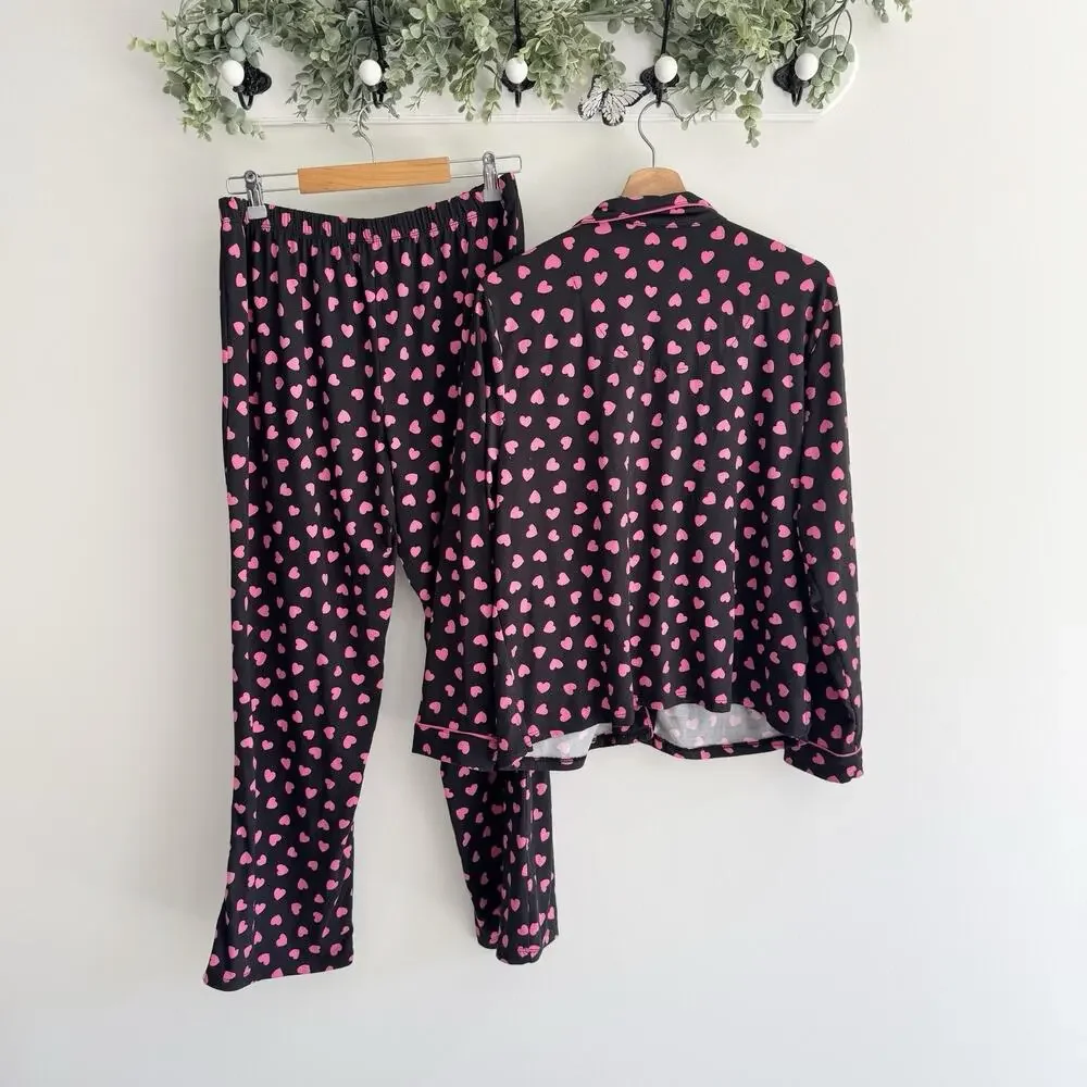 Kate Spade Black Pink Heart Pajama Set Large bedtime lounge comfy CP